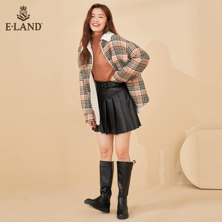 双11预售：E·LAND EEJHA8T01I-1 女士格纹仿羊羔绒外套