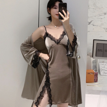 PEANOJEAN 6795 女士深V吊带金丝绒睡裙两件套