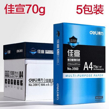 deli 得力 A4 复印纸 70g 500张/包 5包装