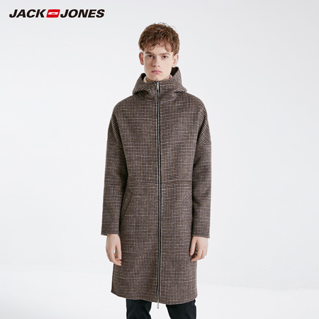 JackJones 杰克琼斯 219127501男士格纹羊毛连帽大衣