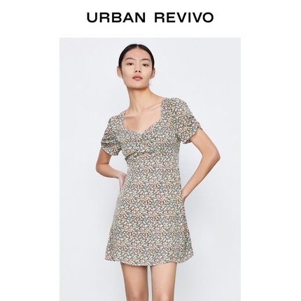URBAN REVIVO YL11R7AN2004 女款方领碎花连衣裙