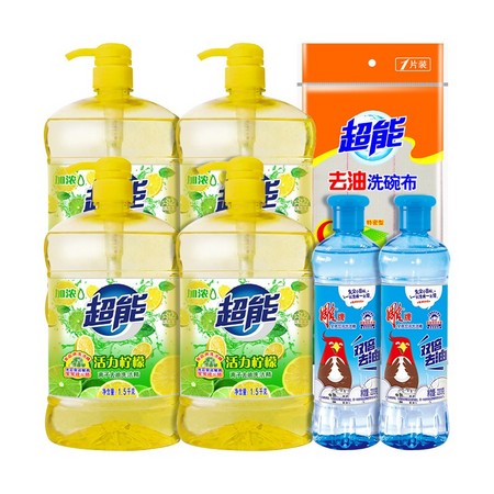 88VIP：超能 餐具果蔬洗洁精 1.5kg*4+220g*2+洗碗布